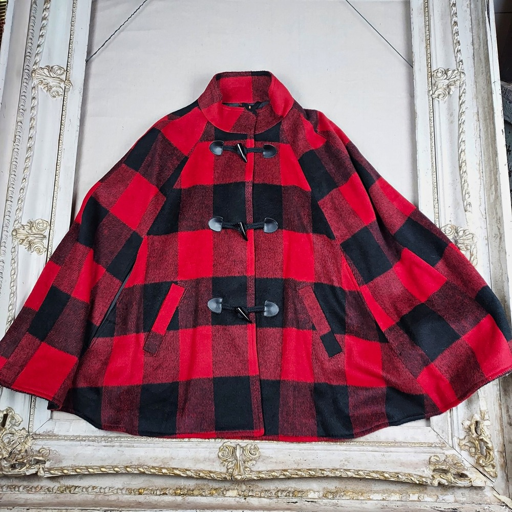 Weatherproof Vintage Red Black Plaid Toggle Pockets Cape Coat Women's S/M